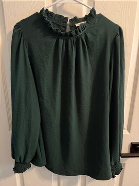 JODIFL Forest Green Ruffle-Neck Long Sleeve Blouse
